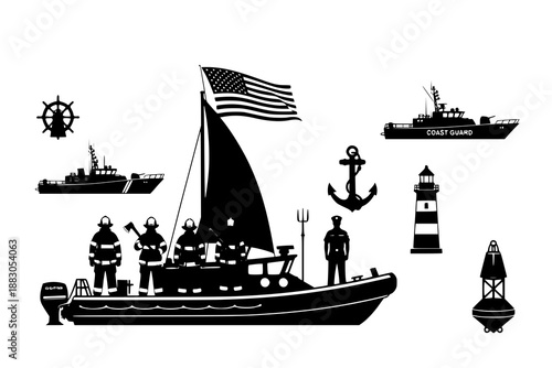 Black and white maritime icons with sailboat and coast guard