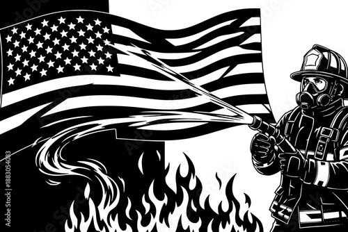 Firefighter battling flames with american flag