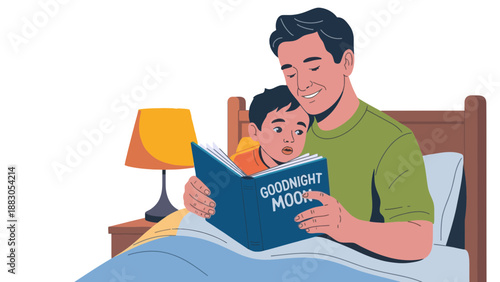 A father reading Goodnight Moon to his son in bed before sleep