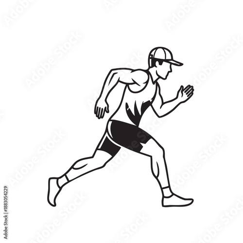 Black and white line of a runner wearing a cap and shorts running athlete sports exercise