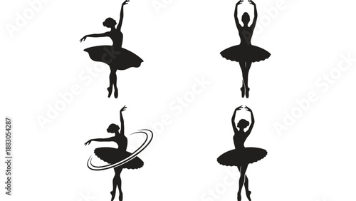 Four black silhouettes of ballerinas in various dance poses on white background
