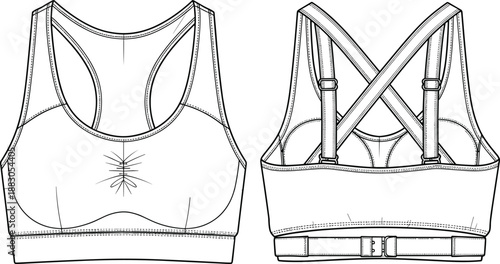 Women sports bra technical line drawing front back view isolated white background fitness apparel vector illustration cad flat fashion design