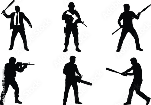 Black silhouettes of different people holding various weapons, including baseball bats, rifles, and chainsaws, in action poses, combat, defense, and confrontation concept