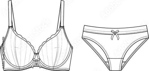 Women's lingerie technical line drawing of bra and panties set, isolated white background fashion apparel illustration vector cad flat design