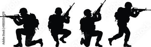 Black silhouette of soldiers in tactical kneeling combat poses, holding rifles and preparing for action, military training, and warfare concept illustration isolated on white background