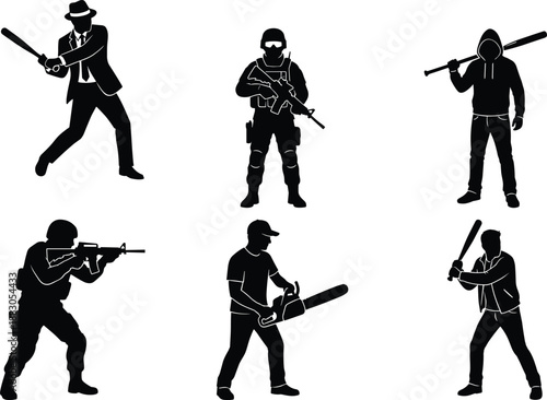 Black silhouettes of various people with different weapons, including baseball bats, rifles, and chainsaws, in action poses, representing combat, defense, and confrontation concept illustration 