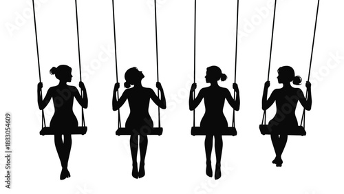 Four women in silhouette swinging on swings in a playful and carefree atmosphere