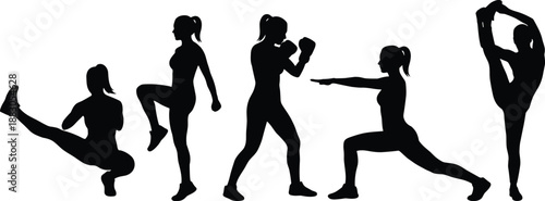 Black silhouette of active women performing various fitness exercises, including boxing, lunges, leg raises, stretching, and yoga poses, strength and flexibility 
