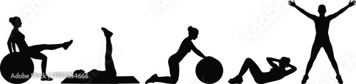 Black silhouette of women performing various exercises with fitness ball, workout poses for strength, flexibility, and core training, physical therapy concept illustration isolated on white background