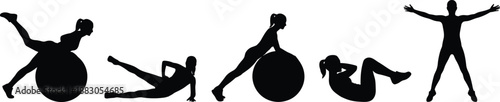 Black silhouette of women exercising with fitness ball in various poses, workout, fitness training, and physical therapy concept illustration isolated on white background