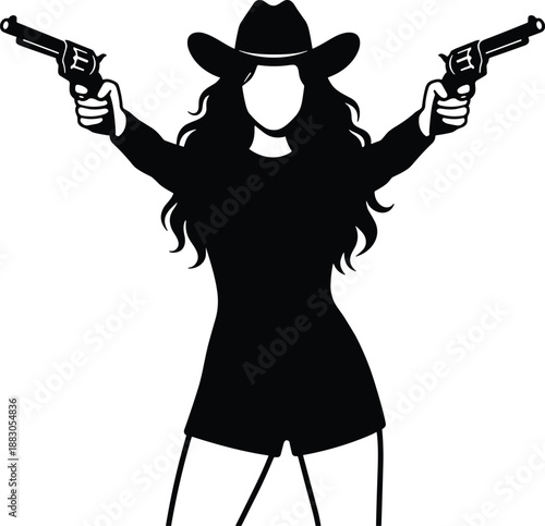 Black silhouette of confident female cowgirl holding revolvers in each hand, wild west gunslinger character concept, strong woman with pistols, western adventure 