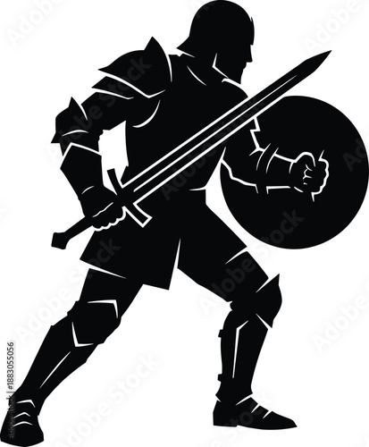 Black silhouette of medieval armored knight holding sword and shield in combat stance, fantasy warrior defense concept, heroic battle illustration isolated on white background