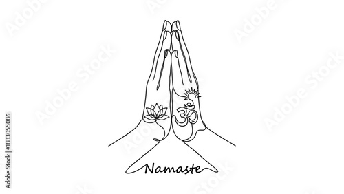 Hands in Namaste position with floral elements and text  