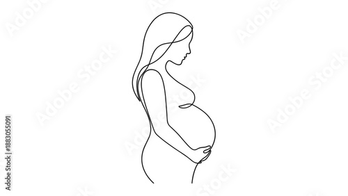 Pregnant woman holding her belly in minimalist line art style  