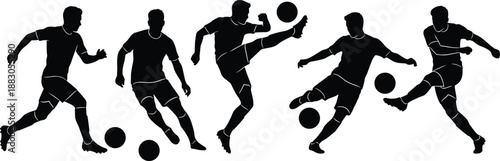 Black silhouette sequence of soccer player kicking and controlling ball in dynamic action poses, football sport training and athletic performance concept illustration isolated on white background