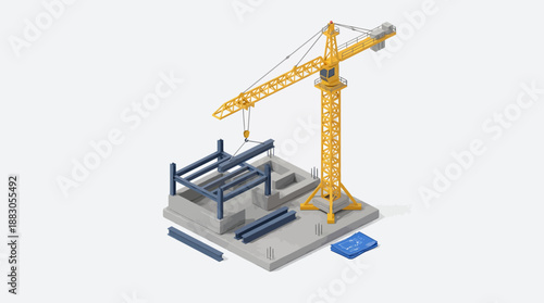 Isometric illustration of a construction site with a crane building a steel structure on a foundation.