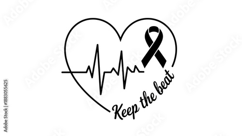A heart with an ECG line and a black ribbon with the words Keep the beat