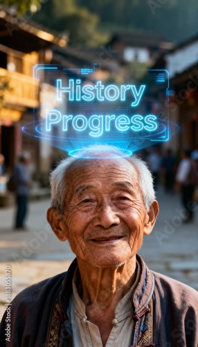 Elderly man smiles as holographic 