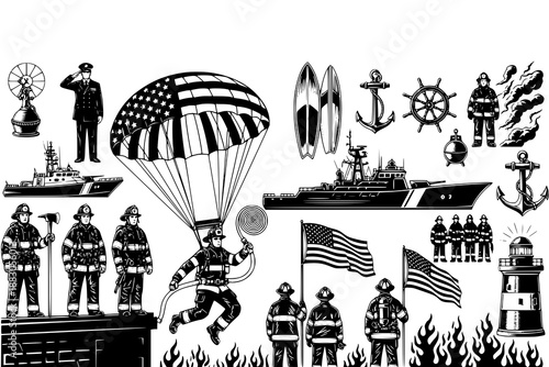 Black and white patriotic first responders and navy elements