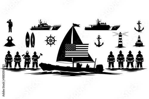 Nautical silhouettes with sailors and american flag