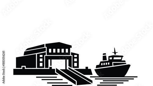 A black and white illustration of a boat docked at a waterfront warehouse facility