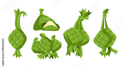Ketupat Rice Cakes Vector Set. Traditional Southeast Asian food for Eid al-Fitr and festive celebrations.