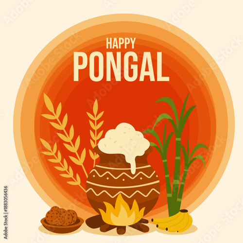Festive Pongal illustration with boiling rice pot, sugarcane, bananas, sweets, and harvest symbols in warm tones. A joyful tribute to South India's harvest festival.