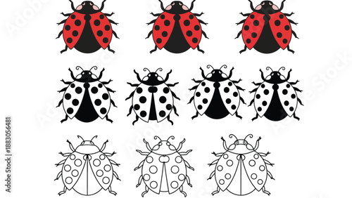 A collection of ladybug illustrations in various colors and line art styles.