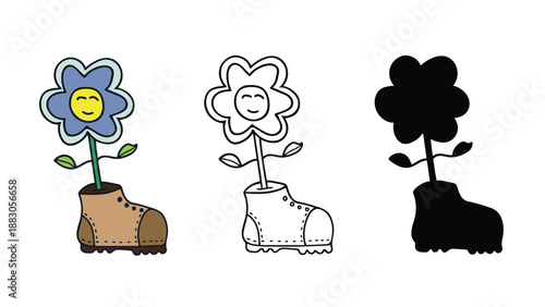 A creative illustration of flowers growing out of shoes in different colors and styles