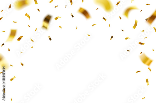 Falling gold shiny confetti with space in the middle isolated on transparent background	
