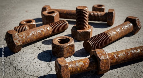 Rusty Bolts and Nuts on Concrete Grunge Industrial Equipment