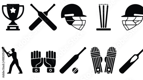 A collection of black cricket icons on a white background for design use