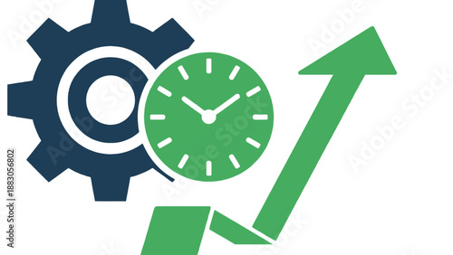 A green arrow and clock next to a gear on a white background
