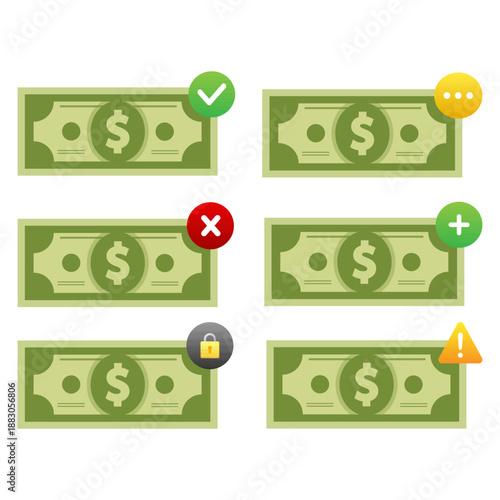 Flat Money Status Icons Set for Financial App UI. Vector illustration