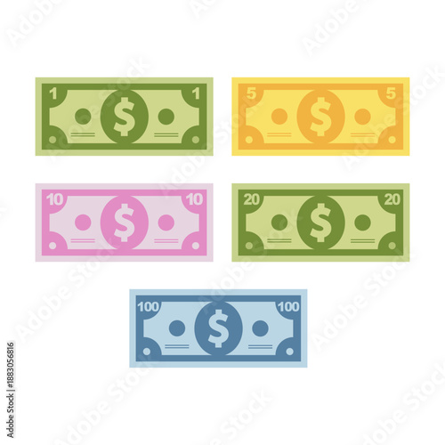 Colorful Dollar Banknotes Set Flat. Vector illustration