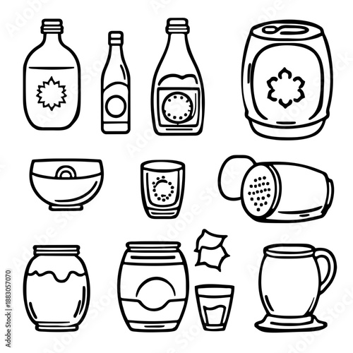 Black and White Outline Icons of Alcoholic Beverage Containers