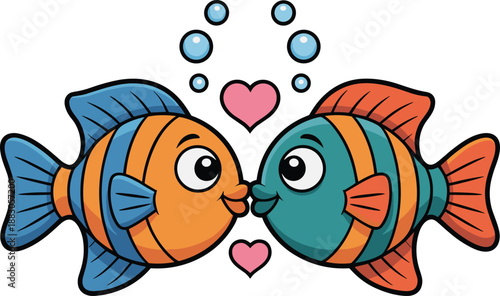 Two cartoon fish kissing with hearts and bubbles love