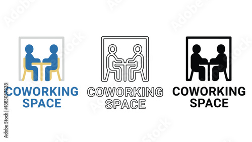 Three different logos for a coworking space with people working together