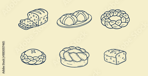 Easter Bread Icons Set – Hand Drawn Bakery Buns and Braided Loaf Vector | Vintage Easter Bakery Collection – Hot Cross Buns and Braided Wreath Bread Line Art