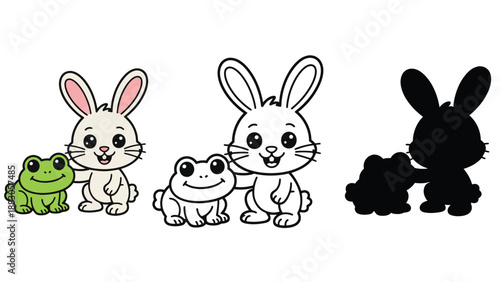 A colorful illustration of cartoon rabbits and frogs in different styles and colors together