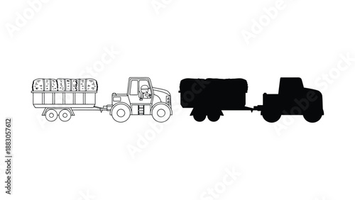 A colorful tractor pulling a trailer with hay bales in a rural landscape scene