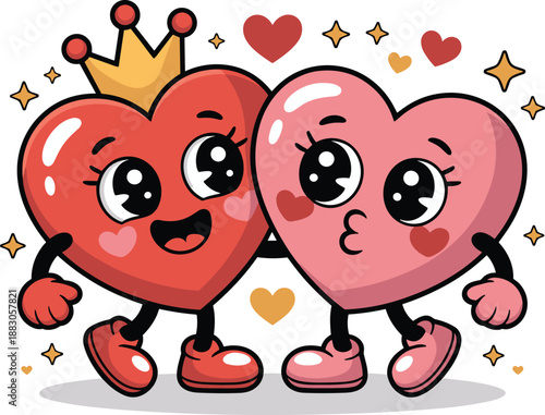 Two cartoon hearts with arms and legs one wearing a crown