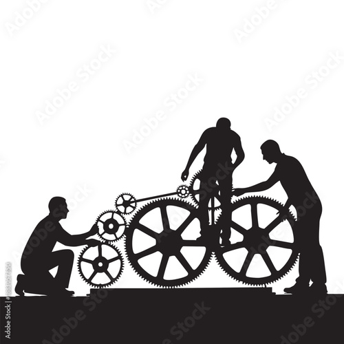 Three silhouetted figures working on large mechanical gears silhouettes large gears black and white