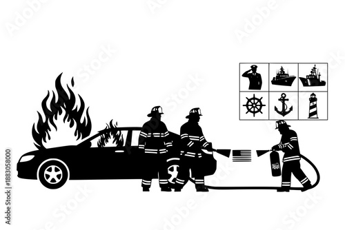 Firefighters extinguishing burning car vector illustration