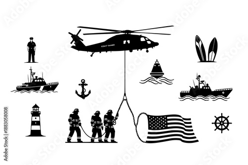 Coast guard rescue operation vector illustrations