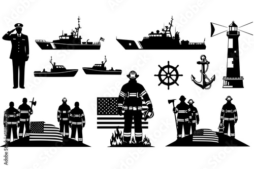 Black silhouette set of firefighters, sailors, and maritime elements