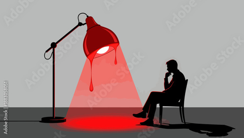 Man under dramatic red lighting in dark studio setting with floor lamp for editorial illustration