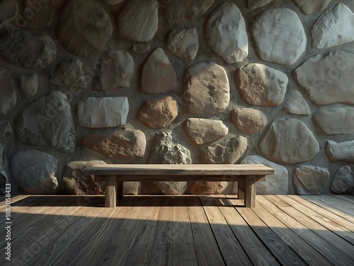 Rustic wooden bench against a large natural stone wall