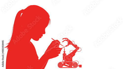 Girl Painting Toy Robot Silhouette in Red Monochromatic Minimalist Style for Artistic