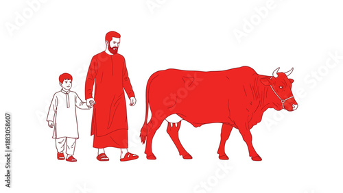 Man and Boy with Cow in Red Silhouette Illustration for Cultural Heritage
